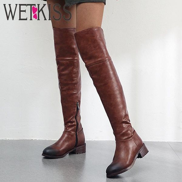 

boots wetkiss motorcycle women over the knee boot female thick heels shoes ladies round toe casual winter big size 34-48, Black