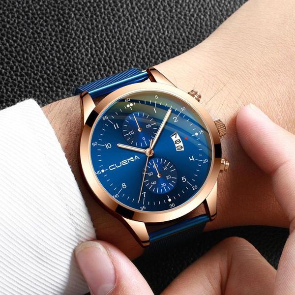 

wristwatches masculino cuena luxury brand men's watch waterproof business steel strap two eyes calendar quartz watches reloj hombre, Slivery;brown