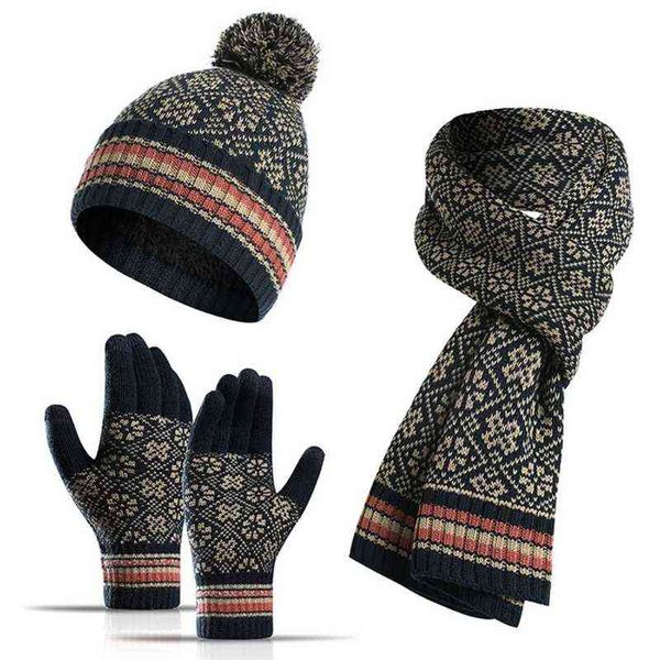 

winter 3pcs pompom beanie hat long scarf touch screen gloves set geometric floral jacquard plush lined skull cap, Blue;gray