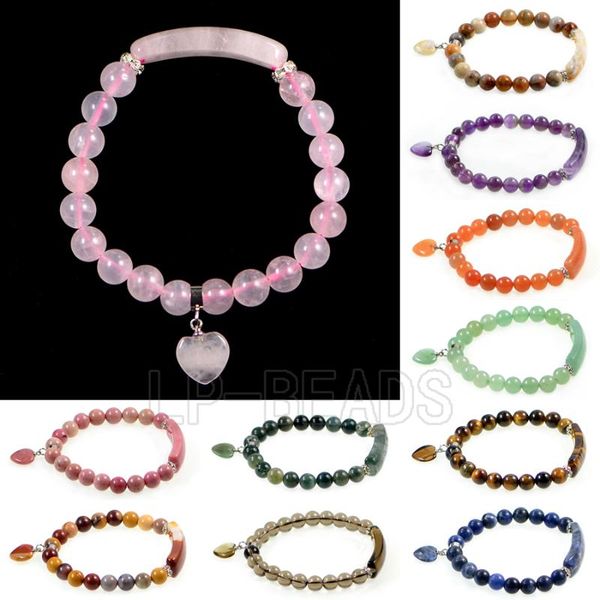 

beaded, strands 4pcs/pack natural gem-stone heart bar 7.5" 8mm round beads stretchy bracelet healing chakra yoga wholesale, Black