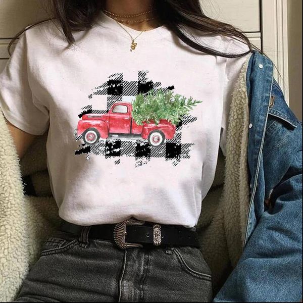 

women print womens t shirts holiday plaid truck year christmas tees ladies female camisa lady shirt, White