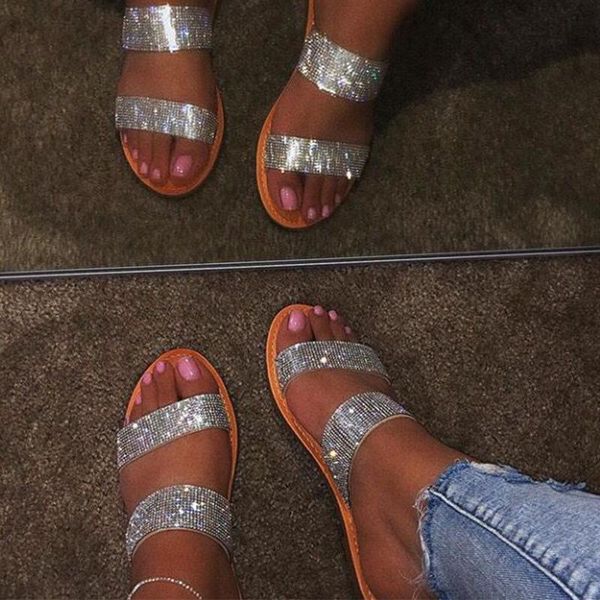 

slippers 2021 roman style summer rhinestone sandals and, Black