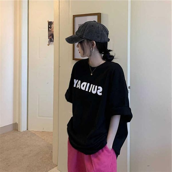 

women's t-shirt short-sleeved mid-length 2021 summer loose harajuku style student plus size ins, White