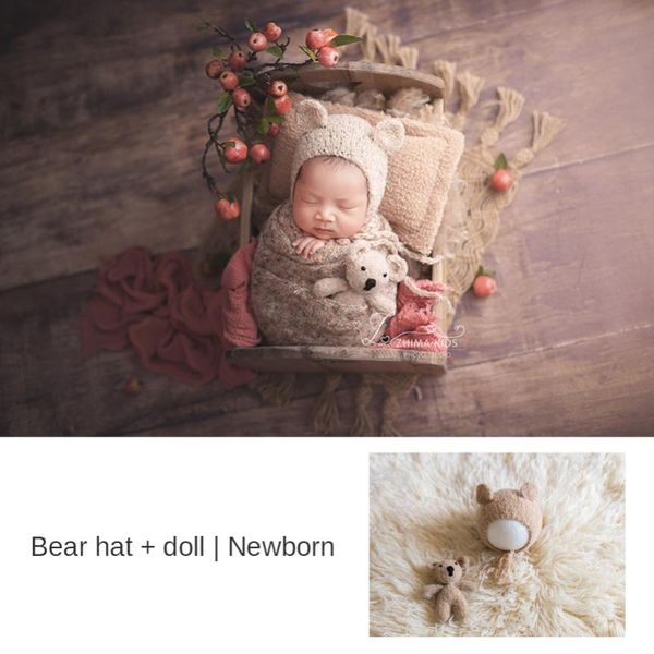 

caps & hats hat knitting wool born pography props boys and girls handmade po baby full moon bear doll set, Yellow