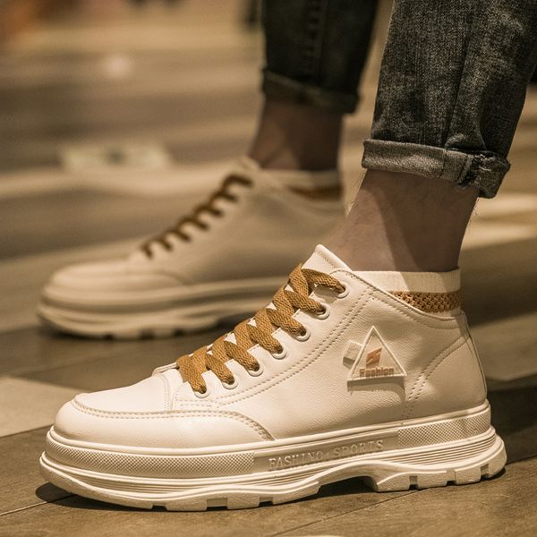 

men casual shoes flat fashion lace up autumn spring leather low sneakers white male non-slip comfortable walking