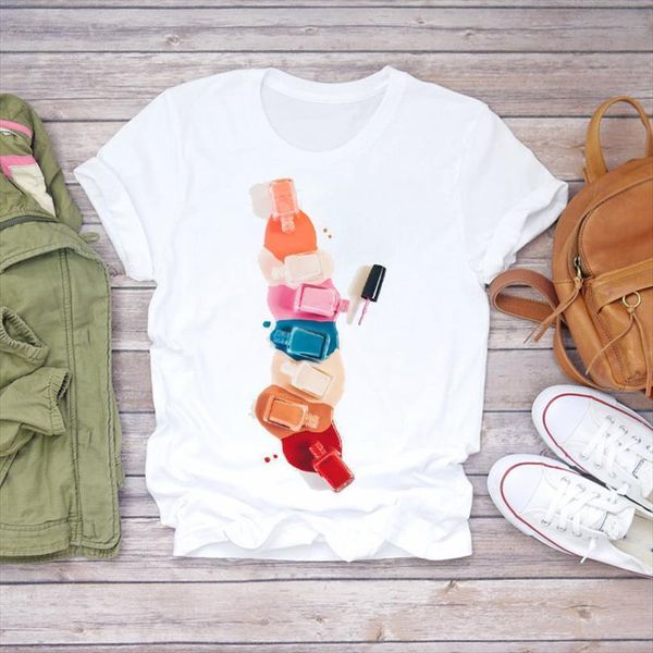 

woman summer color nail men t shirts polish cartoon print 90s retro graphic female, White;black