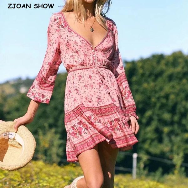 

bohemian open buttons floral print long sleeve short dress hippie woman adjustable lacing up waist holiday dresses boho 3 colors casual, Black;gray