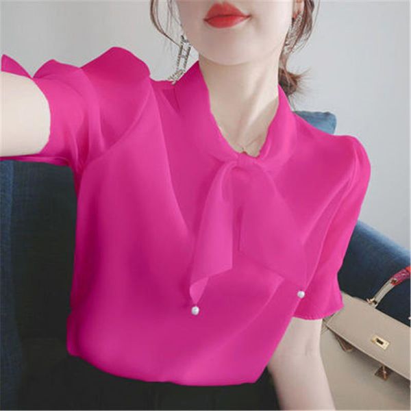 

women's blouses & shirts korean fashion 2021 women summer chiffon lady casual bow tie collar short puff sleeve blusas, White