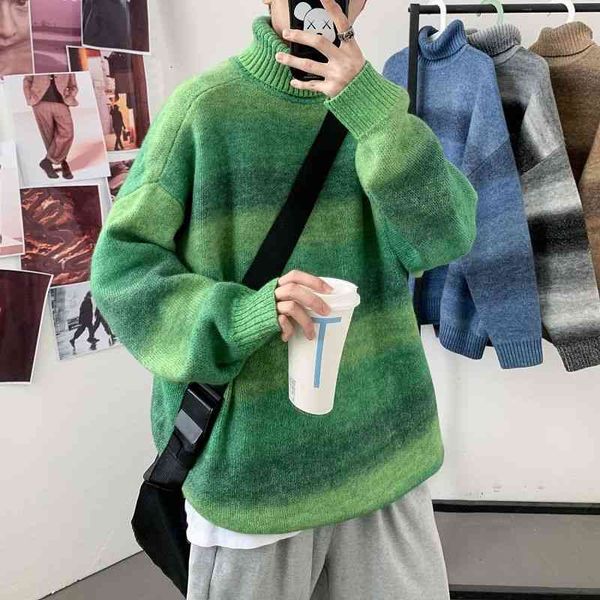 

men's sweaters winter thick turtleneck sweater warm fashion retro gradient color pullover men loose korean knitting mens clothes 6, White;black