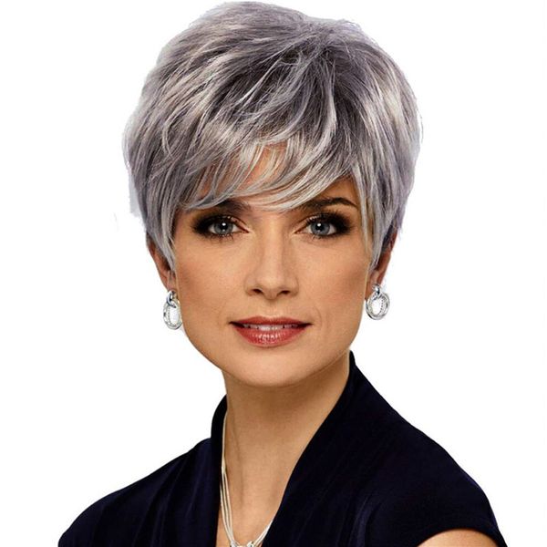 Parrucca sintetica caschetto corto Colore grigio perruques de cheveux humains Simulazione parrucche di capelli umani di Remy per le donne WIG-332