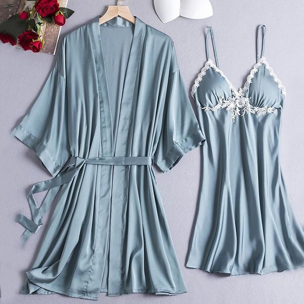 

women's sleepwear blue robe set lace kimono gown faux silk 2pcs summer v-neck sleep casual nighty&robe home clothing, Black;red