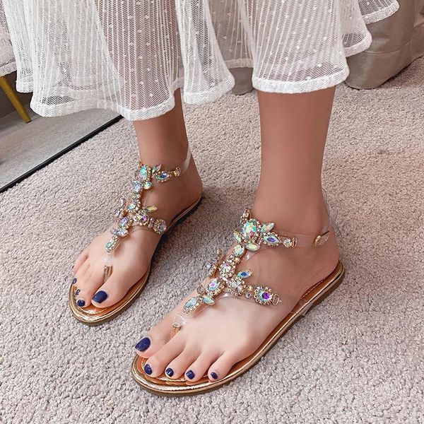 

bohemian women's sandals rhinestone clip toe roman flat shoes beach slippers female fashion wild, Black