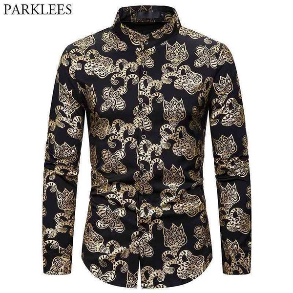 

mens gold floral print dress shirts fashion stand collar long sleeve shirt men wedding party club prom shirt male chemise 210522, White;black
