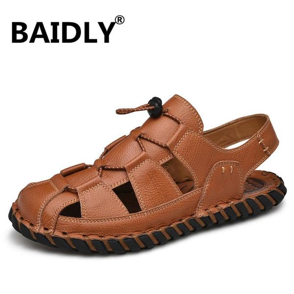 

classic men sandals comfortable summer genuine leather shoes roman gladiator slippers, Black