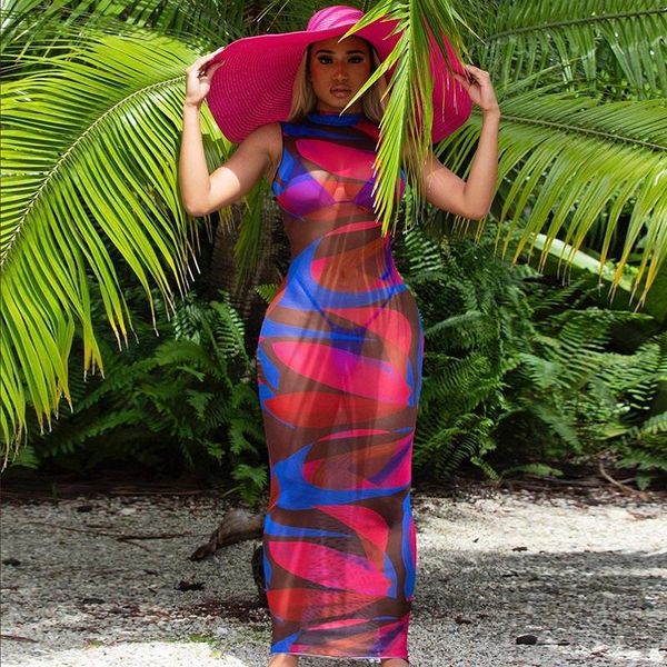 

casual dresses 2021 women spring summer mesh printed sleeveless maxi dress bodycon club party female skinny long, Black;gray