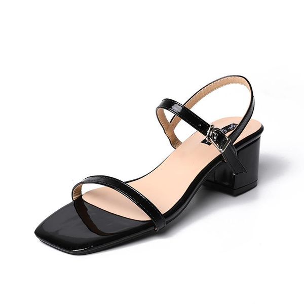 

sandals 2021 square toe women med high heels ladies shoes buckle open chunky sandalias narrow band gladiator sandale, Black