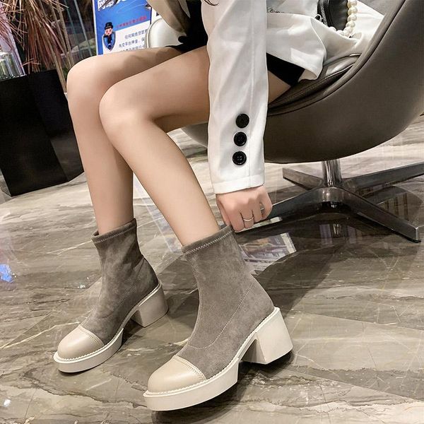 

boots women sock elastic fabric patchwork pu female punk metal buckle paltform ladies ankle slip on square heels, Black