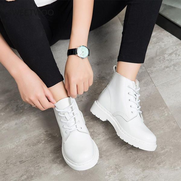 

boots women genuine leather white ankle motorcycle female spring autumn winter shoes woman punk, Black