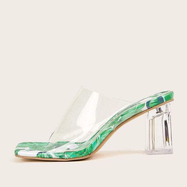 

pzilae summer women slippers pvc transparent high heel shoes for square toe crystal heels ladies green, Black