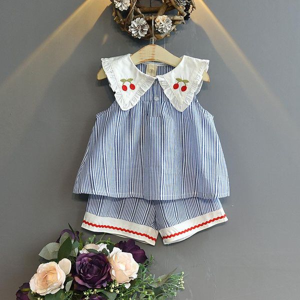 

clothing sets girls outfits cute sleeveless cherry embroidered lapel cotton soft hollow striped & shorts two-piece suit girl clothes, White