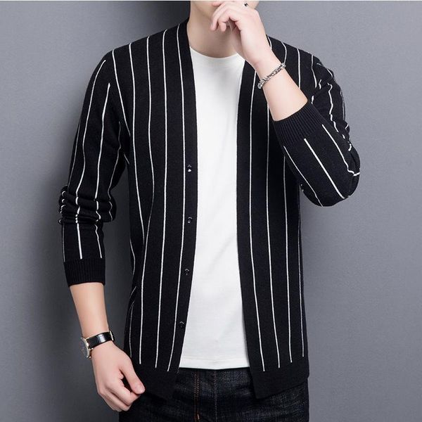 

men's sweaters 2022 men autumn winter long-sleeved knitted coats male v-neck warm sweater jackets slim striped cardigan outwear w916, White;black