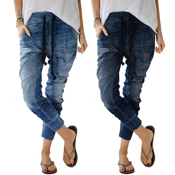 Damenjeans, Damen-Jeans, Kordelzug, Jogger, elastische Taille, gestapelt, Denim, tiefer Schritt, lange, lässige, schmale Hose