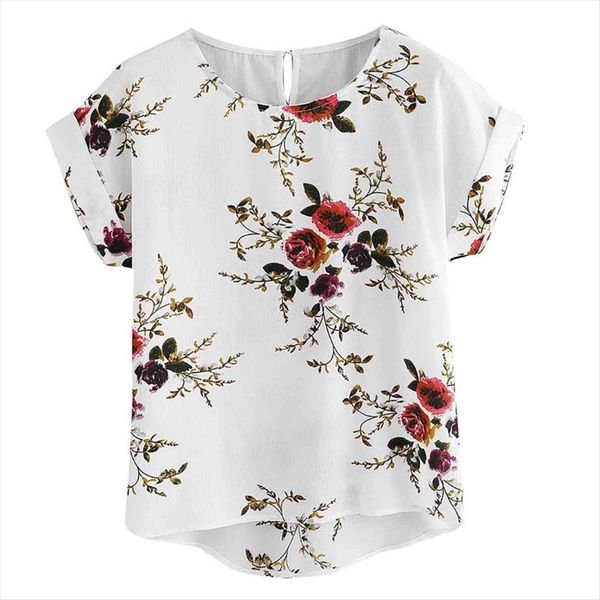 

summer chiffon women blouses o neck floral print tunic short sleeve pullover, White
