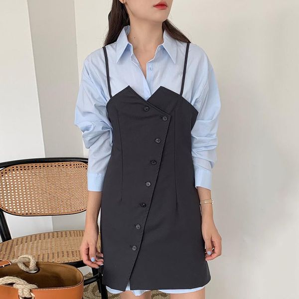 

casual dresses [ewq] korean chic women autumn simple lapel loose long sleeve shirt + design irregular button split sling dress female 16e256, Black;gray