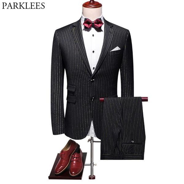 

men's 2 piece gold striped black elegant dress suits brand design slim fit wedding party banquet tuxedo suit men terno masculino & blaz, White;black