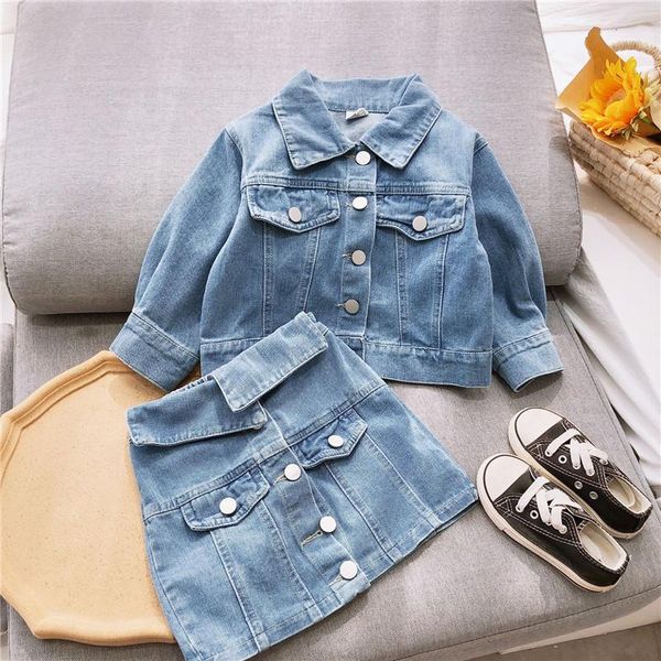 

clothing sets autumn kids clothes fashion korean letter smlile sequins denim jacket&skirt little girls set 2-7 years children outfits, White
