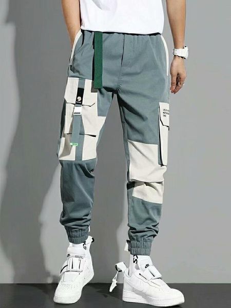 

men's pants side pockets cargo harem 2021 ribbons black hip hop casual male joggers trousers fashion streetwear