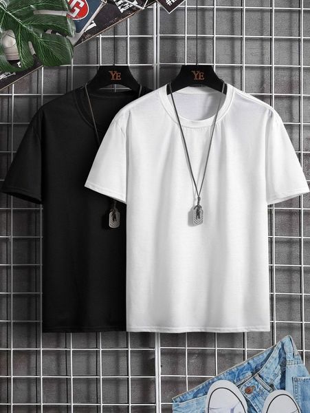 

men 2pcs solid round neck tee s2dg#, White;black