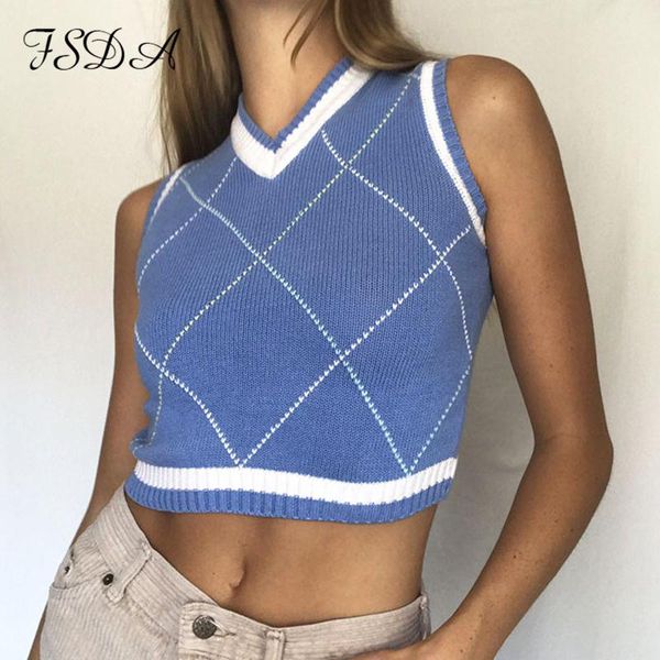 

women's vests fsda women argyle plaid vest sweater v neck casual 2021 autumn sleeveless knitted cropped pullover preppy style jumper vi, Black;white