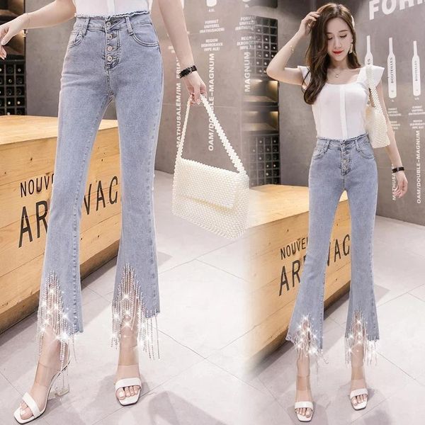 

women's jeans [ewq] 2021 spring summer european fashion women denim pants with crystal tassel flare hem elastic all-match blue qv301