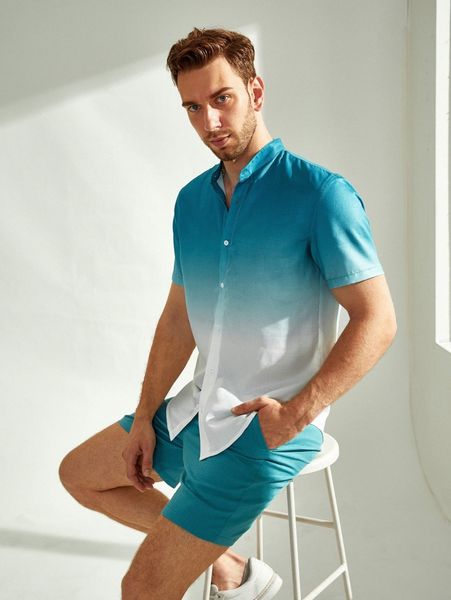

men ombre button up shirt & shorts set b9ep#, Gray