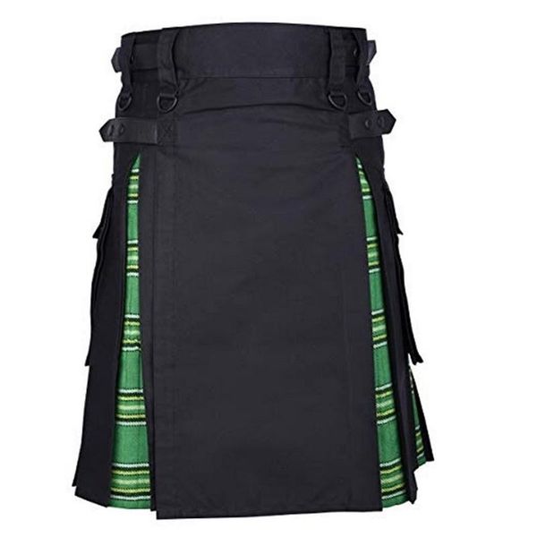 

scottish mens kilt traditional plaid belt pleated bilateral chain brown gothic punk tartan trousers skirt men's shorts, White;black