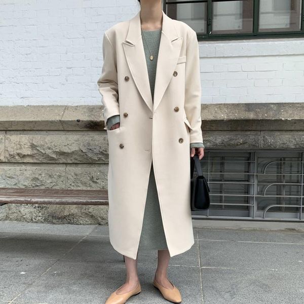 

women's wool & blends korean chic apricot long coat woman winter autumn 2021 elegant loose trench for women double breasted streetwear, Black