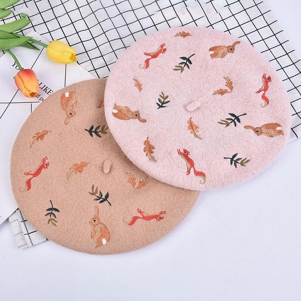 

berets korean autumn and winter mori squirrel leaves embroidered cashmere wool beret artist hat, Blue;gray