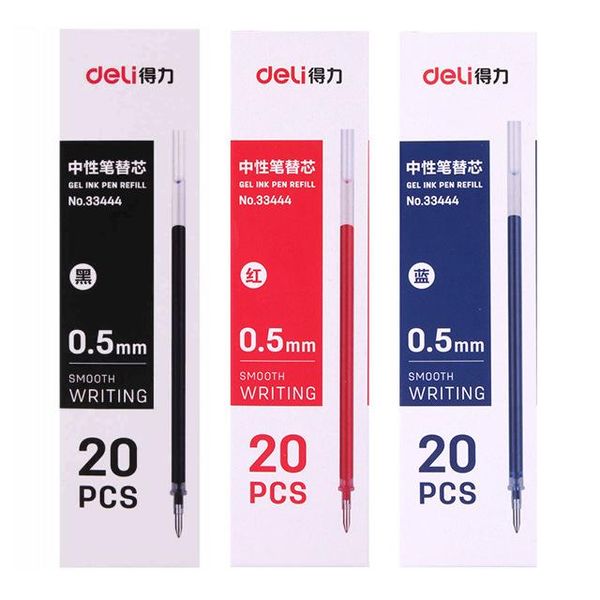 

refills 20pcs deli 33444 gel refill pen 0.5mm black standard cartridge, Black;red