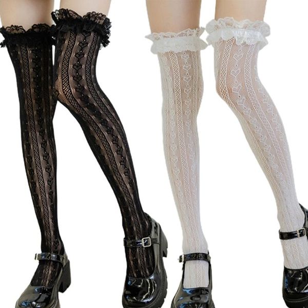 

socks & hosiery women lolita fishnet thigh high japanese style heart striped lace patterned ruffled over knee long stockings, Black;white