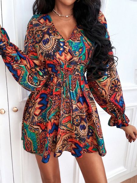 

sxy allover print flounce sleeve knot front dress 21lw#, Black;gray