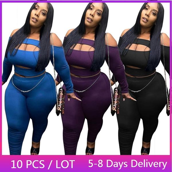 

women's two piece pants wholesale items plus size set solid club outfits for women fall clothes cut out crop and skinny 5xl, White