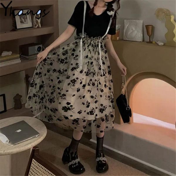 

skirts sweet ribbon embroidery ruffle tulle skirt for girls women vintage lace up a line pleated students cute mesh streetwear, Black