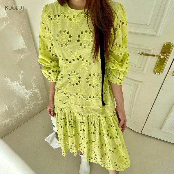 

korean chic minority temperament round neck micro transparent hook flower hollow out loose pleated ruffle bubble sleeve dress men's pan, Black