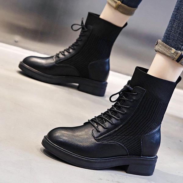 

boots autumn winter korea ankle women soft leather platform wedges fashion increased women's shoes, Black