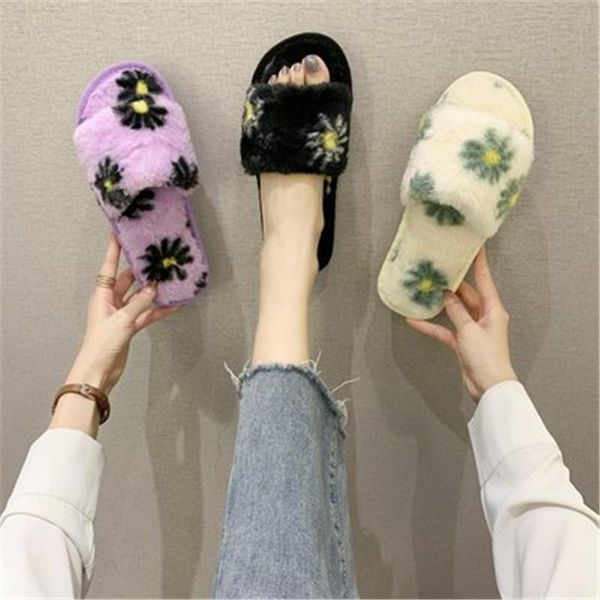 

winter women's cute cozy fur memory foam slippers indoor bedroom plushÂ warm soft lining comfortable skin-friendly flowers, Black