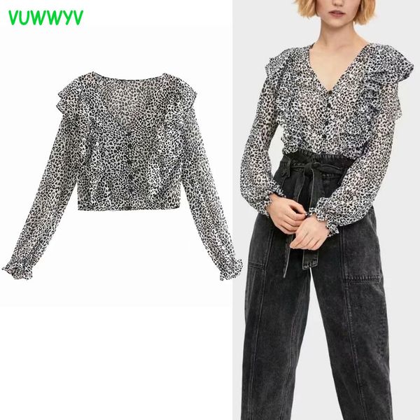 

vuwwyv women chiffon blouses black ruffle leopard print woman summer long sleeve button up crop female 210430, White