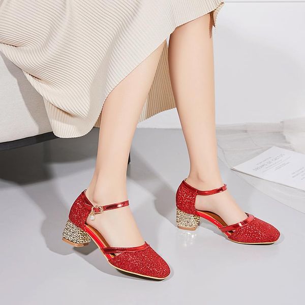 

spring sweet thick heel single shoes square sandals, Black