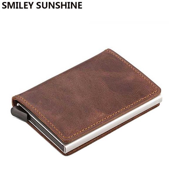 

card holders 2021 rfid men women crazy horse leather holder wallet purse aluminium bank business id case porte carte, Brown;gray