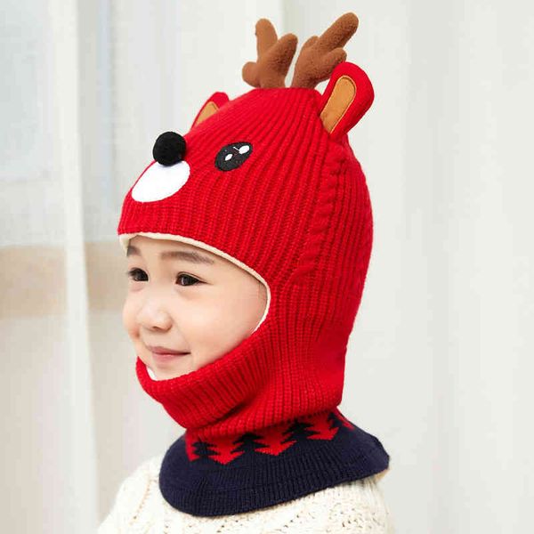 wholale Cappelli natalizi per bambini Berretto in maglia di broccato di cotone Cappello invernale in corno di alce Rosso